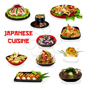 Japanese noodles and rice with seafood and vegetables. Vector shrimp sushi, onion, plum and eggplant salads, mushroom cream soup and baked fish, caviar, seaweed and beans. Asian cuisine design