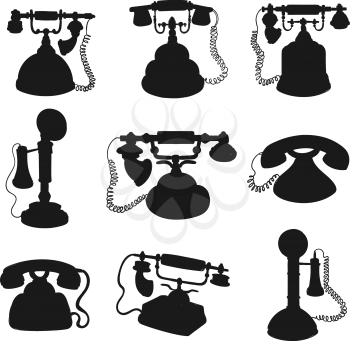 Retro phone and vintage telephone black silhouettes. Old rotary dial and candlestick telephones vector design with phone handsets and wires. Telecommunication technology themes