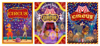 Circus show performers at arena of cirque tent vector design. Acrobats, clown and juggler, trained animals, strongman and tamer, carnival flags and amusement park marquees. Entertainment themes