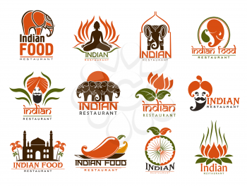 Indian food restaurant vector icons with elephants, lotus flower and bearded chef with turban, chilli peppers, Taj Mahal and dharma wheel. Asian cuisine emblems design