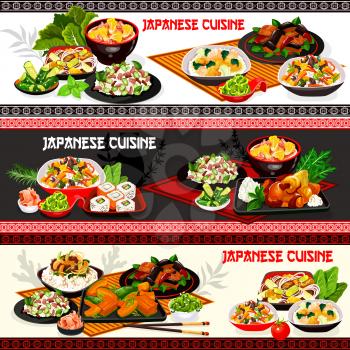 Japanese sushi with meat, fish and vegetable dishes vector design of Asian cuisine. Eggplant in miso sauce, mushroom and salmon rice, egg noodles, stewed beef and pumpkin, pork potato, cucumber salad