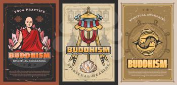 Buddhism religion posters with vector religious symbols of buddhist. Tibetan monk prayer wheels, Buddha and dharma wheel, parasol symbol of power, lotus flower and fishes, temple stupa, endless knot
