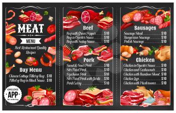 Meat restaurant menu vector template of grilled food. Bbq sausages, barbecue pork and beef steaks, ham, chicken legs and turkey, salami, bacon and lamb ribs, served with spice sauce. Steak house menu