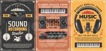 Musical instruments and sound recording studio equipment retro posters with vector musical notes. Vintage microphone, headphones and vinyl records, drum, synthesizers, loudspeakers and record player