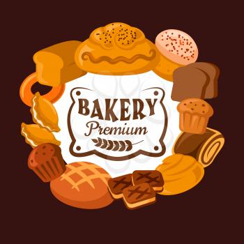 Bakery vector icon of bread and pastry shop food. Wheat and rye loaves, cake and raisin cupcake, cereal buns, toast and cinnamon roll, cookies, bagel and pies frame with text in center