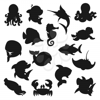 Sea animals, fishes and ocean creatures silhouette icons. Vector underwater world, aquarium and oceanarium fishes, hammerhead shark and swordfish, turtle and octopus, dolphin or whale and stingray