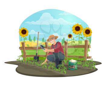 Farmer applying fertilizer to soil with hand trowel and bag of manure vector icon of agriculture and farming design. Gardener working in vegetable garden at farm with spade, shovel, hat and overalls