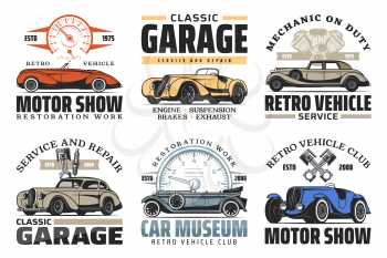 Vintage old cars repair and restoration service, retro vehicles museum and motor show signs. Vector rarity auto mechanic garage station icons of speedometer, engine motor, cabriolet and sport car