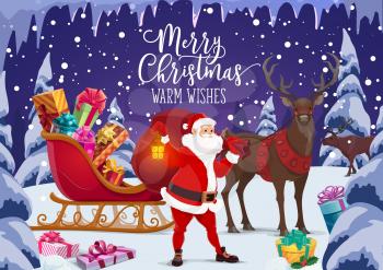 Santa, Christmas sleigh with Xmas gifts and reindeer in festive night forest vector greeting card. Claus carrying lantern and red bag of New Year presents with ribbons and holly berry. Winter holidays