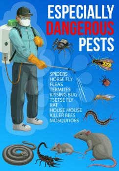 Pest control service vector design of insect and rodent chemical disinfection. Exterminator with protective suit and pressure sprayer, bugs, mosquito and rat, house mouse, tick and fly, snake, spider