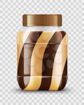 Peanut butter and chocolate jar 3d vector mockup of spread food package design. Caramel, nut paste, milk and cocoa cream brown and white swirls, realistic glass pot with golden screw lid or cap