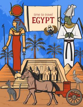 Travel to Egypt vector design of Ancient Egyptian pharaoh pyramids, gods and temple. Sphynx, Osiris and Isis goddess with ankh symbol and staff, cat statue, horse and cart, heron and parchment scroll
