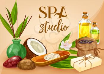 Spa studio, health and beauty salon vector design. Massage therapy oil bottles and stones, sauna soap and herbal lotion, bamboo leaves, face and hair mask, aromatherapy incense sticks and bath salt