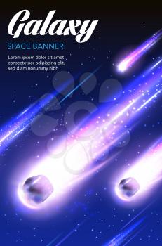 Space and galaxy universe with meteor shower vector banners. Shooting stars, comets and asteroids in night starry sky with glowing light trails, fire tails and neon sparkles, astronomy design