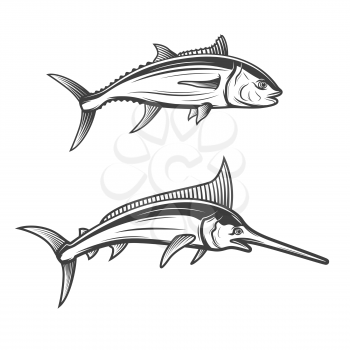 Tuna and swordfish isolated monochrome icons. Vector ocean fish species, fishing club or fishery store logo. Atlantic marlin or mackerel, marine animal with long dorsal fin crest, seafood emblem