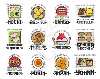 Japanese cuisine dessert icons with sweet food of Japan vector design. Mochi cakes, kakigori and yokan, melon pan bun, taiyaki and dango, castella, monaka, anpan and purin pudding thin line symbols