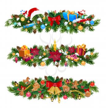 Christmas garlands with gifts, Xmas bells and red ribbon bows vector design. Pine and holly tree with New Year presents, Santa hat and snow, candy, balls and lights, candle, poinsettia and gingerbread