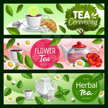 Tea leaves with cups and teapots of black, green and herbal beverage vector banners. Tea bags, mugs and sugar, croissant, mint and lemon, hibiscus and chamomile, infuser mesh spoon and sprouts