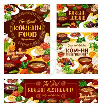 Korean food, advertisement of restaurant, menu cover template. Vector traditional national food of Korea cuisine. Hee from beef, starch noodles and dried pollack in hot sauce, orienge shukrim pang