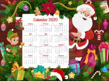 Calendar vector template with Christmas and New Year holiday gifts, Santa and elf. Year calendar on wooden background with Xmas garland of presents, stocking and balls, red hat, stars and cookies