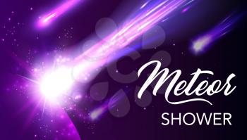 Meteor shower in space with universe planet vector design. Shooting stars, comets or asteroids with purple glows of speed trails, dust tails and bright sparkles, galaxy meteor storm, celestial event