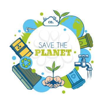 Ecology and environment protection vector icon. Eco green tree in hands, Earth planet globe and plant, recycle symbol, barrel of radioactive waste and recycle bins of sorted trash, water tap, forest