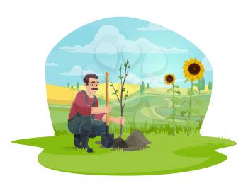 Farmer planting tree with shovel in farm garden vector icon of agriculture, gardening and farming design. Gardener cartoon character with sapling tree or plant, spade and green fields, overalls, boots