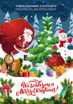 Christmas party vector invitation with Santa Claus, gifts and snowman, Xmas tree, New Year presents and ribbon bows, snow, balls and candies, cookies, clock and lantern. Winter holidays poster design