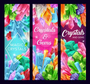 Magic crystals vector design of gem stones and mineral rocks. Gemstone and jewel banners with quartz, amethyst and diamond, precious blue sapphire, yellow citrine and pink opal, emerald and glass