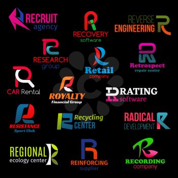 R icons of agency, company and service corporate identity. Vector R letter signs of recruiting, software technology store and retail trade, sport club or recycling ecology center and recording studio