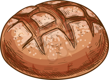 Bread loaf vector icon, bakery product sketch. Round brown bread bun isolated