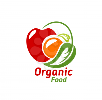 Organic food icon, vector emblem with apple, orange and green leaf isolated on white background. Ecological natural farm production, eco market healthy food, retail label design for store