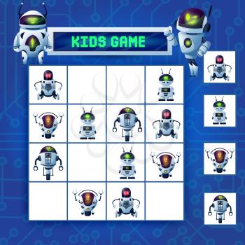 Kids sudoku maze game, cartoon robots vector riddle with ai cyborgs, humanoids, drones and androids characters on chequered board. Children logic puzzle for leisure recreation, boardgame with cards