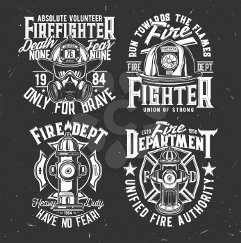 Fireman helmet and gasmask, water hydrant t-shirt retro prints. Fire department, emergency service volunteer apparel custom print with firefighter helmet, breathing apparatus and vintage typography