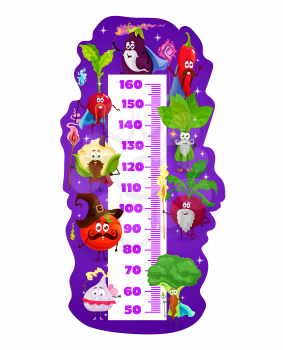 Kids height chart with magician and wizard veggies, vector growth meter. Kids height chart or baby measure scale with cartoon vegetable characters, pepper and tomato, broccoli and eggplant or garlic