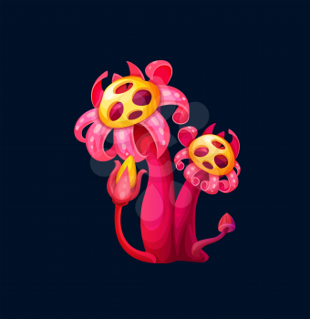 Fantasy magic red flower mushroom, cartoon fairy plant. Vector unusual fungi with curly petals and buds on stipe. Fairytale element for ui game interface, alien flora, hallucinogenic mushroom plant