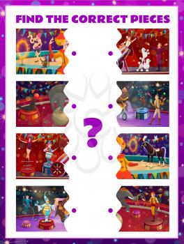 Find correct pieces of circus characters kids game. Match the halves vector test with cartoon clown, tamer and animals. Riddle for children, educational task, logical mind development maze worksheet