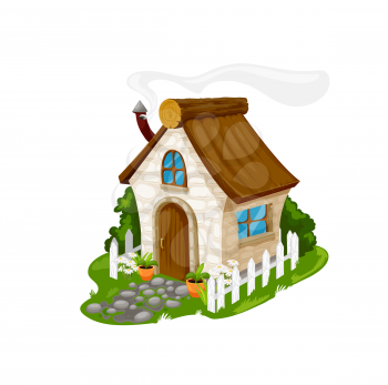 Fairytale cartoon stone house, vector fantasy dwelling for elf, dwarf, fairy or gnome. Cute cozy home with wooden door, steaming pipe on sloping roof, windows, flowers at white fence, cartoon building