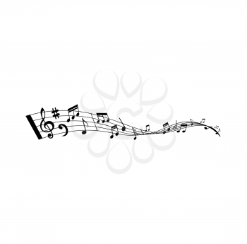 Music wave with vector musical notes of song or melody. Swirling stave or staff with musical notation marks, treble and bass cleves, sharp symbol and bar lines, piano, flute and violin music sheets