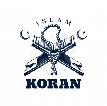 Koran or Quran book icon, Islamic culture and Muslim religion vector icon. Islam mosque and cultural center of Koran teaching or religious school, Muslim Allah worship and Imam beads symbol