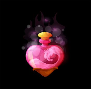 Cartoon love potion bottle, vector heart shaped flask with pink liquid. Magic elixir ui design element for magical game. Passion witch poison with sparks, alchemy object isolated on black background
