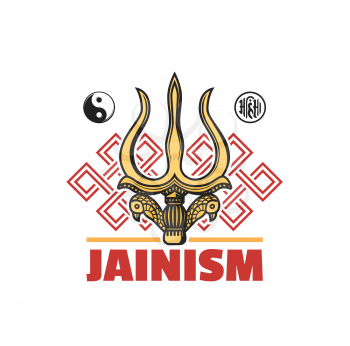 Jainism religion symbol isolated vector icon with Jain Dharma religious signs. Ahimsa, yin yang, endless knot or srivatsa and gold trident of Shiva God or trishul, Indian religion themes