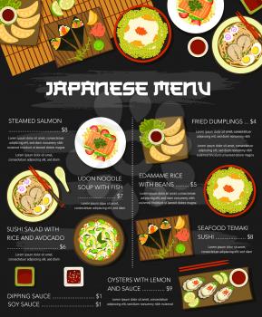 Japanese cuisine dish menu poster, Japan food meals for lunch and dinner, vector. Asian cuisine, Japanese food sushi, traditional dumplings, udon and ramen noodles with temaki rolls and soy sauce