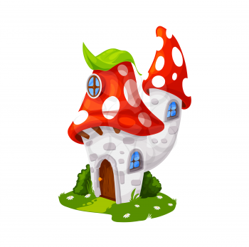 Fairytale amanita mushroom house, cartoon vector building, gnome dwelling. Fly agaric fairy tale elf home with wooden door, windows and green leaf on roof. Cute fungus fantasy house on green field