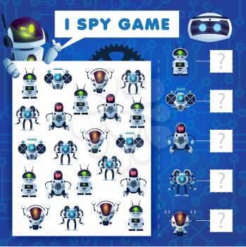 Kids I spy riddle, cartoon robots education vector game with ai cyborgs. How many androids, bots and drones mathematics test worksheet page for children. Development of numeracy skills and attention