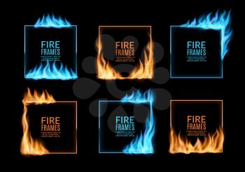 Square frames of gas fire flames, burning borders with hot red blaze, vector. Fire burning frames and gas flame borders of blue and yellow igniting light flares, fiery heat and sizzling glow flames