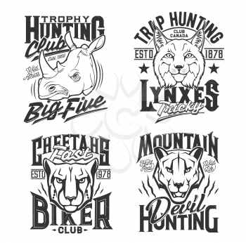 Tshirt prints with cheetah, cougar puma, rhino, mountain lion and lynx heads. Vector mascots for hunting and biker club apparel design. T shirt emblems with roar wild cat animals and typography set