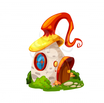Fairytale magic mushroom house, cartoon vector building, gnome dwelling. Fairy tale elf home with curve funny cap roof, wooden door, window, flowers and grass. Cute fantasy fungus house on green field