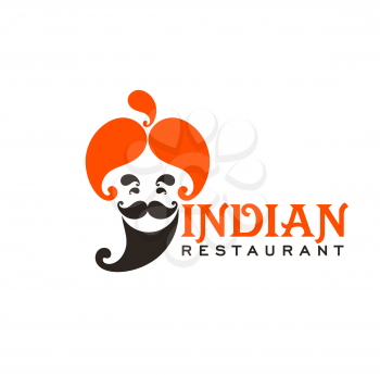 Indian cuisine restaurant icon. Vector chef with orange turban, black mustache and beard. Traditional food of India, Indian cafe or ethnic bar isolated symbol design