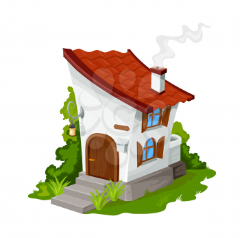 Cartoon fairytale elf or dwarf house, vector fantasy dwelling for fairy or gnome. Stone home with wooden door, red tiled sloping roof, shuttered windows and lantern over stairs. Cute cartoon building